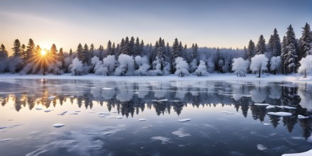 Serene winter landscape at sunrise with snow-covered trees and a frozen lake, AI generated