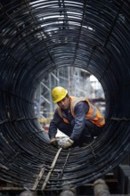 Portrait of a male construction worker wearing a yellow helmet, AI generated