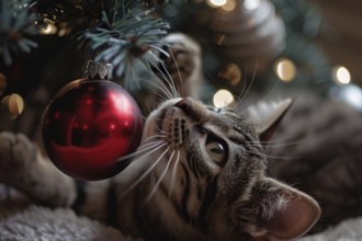 Curious cat playing with red Christmas tree bauble. Generative AI, AI generated