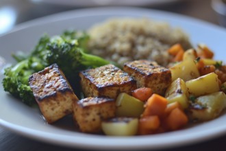 Plate with vegan meal with fried tofu, quinoa and vegetables. Generative Ai, AI generated