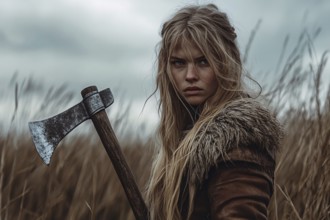 Female viking woman with ax. Fenerative Ai, AI generated