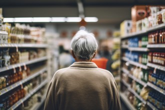 Back view of old retired senior man in supermarket grocery store with shelves full of food. KI