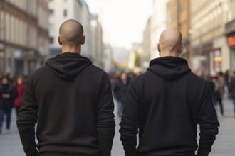 Back view of twi skinheads in black hoodies in street. KI generiert, generiert AI generated