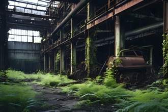 Abandoned factory vines embracing rusted skeletons of machinery whisper of bygone industrial era,