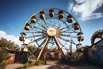 Old amusement park reclaimed by nature a rusted ferris wheel standing against the sky, AI generated