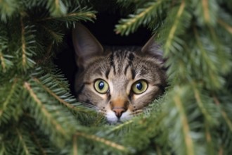 Cat hiding in Christmas tree. KI generiert, generiert, AI generated