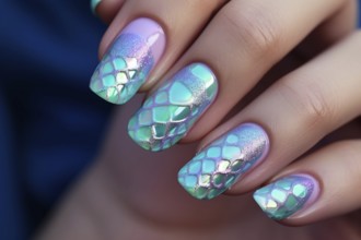 Close up of woman's fingernails with mermaid fish scale nail art design. KI generiert, generiert,