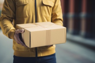 Parcel deliverer with box in hands. KI generiert, generiert AI generated