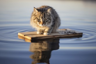 Cat on wooden board swimming on water during flood. KI generiert, generiert AI generated