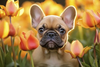 Fawn French Bulldog dog between yellow and red tulip spring flowers. KI generiert, generiert AI