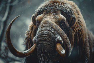 Portrait of Mammoth with large tusks in snow. KI generiert, generiert, AI generated