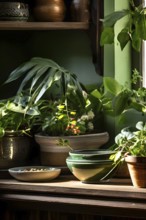 A sunlit kitchen corner, with a rustic wooden shelf holding neatly arranged ceramic bowls and a