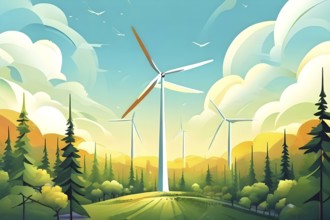 Abstract illustration of a forest with tall, geometric trees made of wind turbine blades, merging