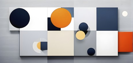 Minimalist composition of overlapping geometric shapes, such as circles, squares, and triangles,