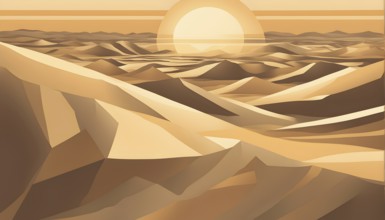 Abstract desert scene with triangular sand dunes and a single circular sun, using sharp lines and