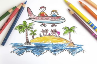 Two people flying in an airliner over an island with palm trees, drawing, crayon drawing by a child