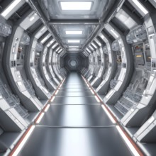 Three dimensional render of futuristic corridor inside a spaceship or space station, AI generated