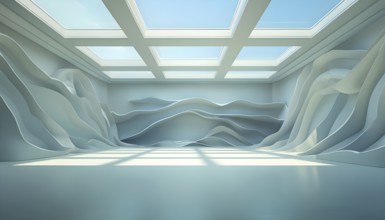 Three dimensional rendering of a futuristic empty room with skylights, AI generated