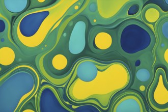 Abstract wallpaper with colorful blobs and liquid shapes on a green background, AI generated