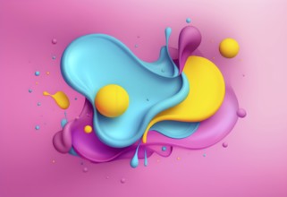 Abstract image with colorful yellow and turquoise blobs and liquid shapes on a pink background, AI