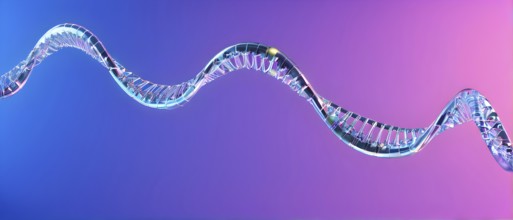 DNA double helix structure against gradient blue background, AI generated