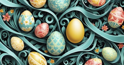 A whimsical abstract pattern with intertwined ribbons, eggs, and floral motifs, with a mix of sharp