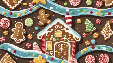 Abstract wallpaper illustration of of gingerbread house decoration, AI generated