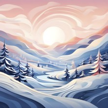 Christmas-themed abstract landscape with fluid, flowing lines representing snow-covered hills and