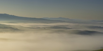 Landscape at sunrise around Volterra, Province of Pisa, Tuscany, Italy, Europe