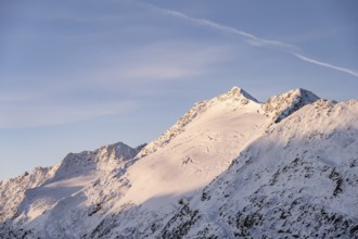 Schalfkogel summit with glacier at sunrise, Ötztal nature park Park, Ötztal Alps, Tyrol, Austria,