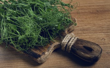 A rustic wooden cutting board holds a pile of fresh microgreens, showcasing vibrant colors and