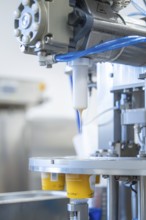 Machine fills white yoghurt into cups on a production line, ice cream production Haselstaller Hof,