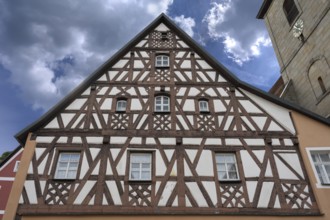 Gable of a medieval half-timbered house, Betztenstein, Upper Franconia, Bavaria, Germany, Europe