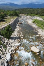 Wilder Fluss, der durch eine steinige Berglandschaft fließt, mit grünen Bäumen und Hügeln unter