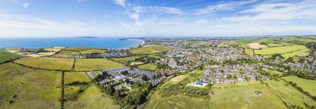 Panorama drone view Preston and Weymouth from Osmington Hill, Dorset, England, United Kingdom,