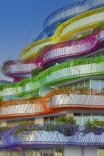 Modern apartment building with colourful balcony decorations, Eivissa, Ibiza Town, Ibiza, Balearic