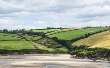 Fields and Farms over Mothecombe Beach, Mothecombe, River Emme and Red Cove, Plymouth, South Devon,