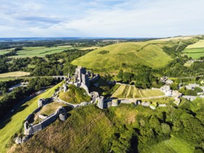 Ruins of Corfe Castle from a drone, Corfe Village, Purbeck Hills, Dorset, England, United Kingdom,