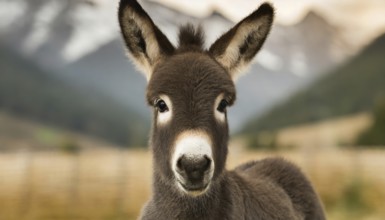 Close-up of a young donkey foal with a mountainous landscape in the background