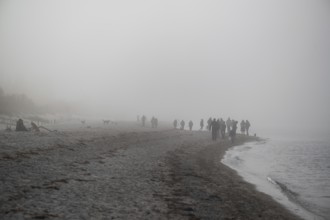 Strollers on a hazy Baltic Sea beach, Mecklenburg-Western Pomerania, Germany, Europe