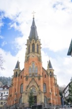 Gothic church with brick tower in front of a winter sky and surrounding buildings, St.Bonifatius,