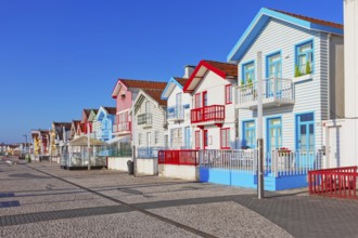 Brightly painted beach homes, Costa Nova do Prado, Aveiro, Portugal, Europe