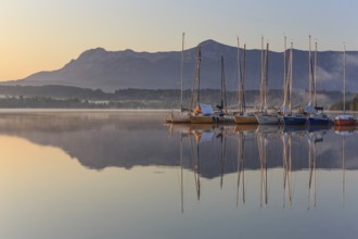 Morning light, mountains reflected in lake, summer, sailing boats, silence, tranquillity, Riegsee,