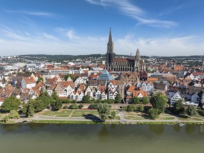 Aerial view of Ulm's historic city centre with the Danube and the cathedral, Ulm,