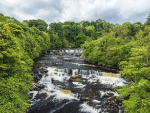 Aysgarth Falls on River Ure from a drone, Yorkshire Dales National Park, North Yorkshire, Englan