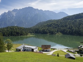 Restaurants at Lautersee, Karwendel Mountains, Alps, Mittenwald, Werdenfelser Land, Upper Bavaria,