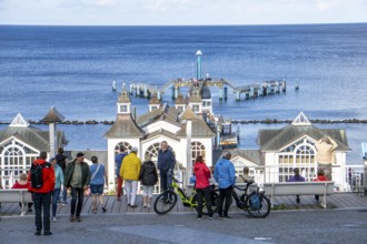 The pier of Sellin, 394 metres long, with restaurant, jetty, tourists, island of Rügen,