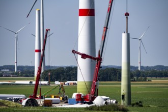 Repowering of a wind farm near Issum, here the dismantling of the tower, 9 older wind turbines from