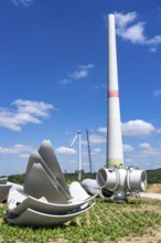 Repowering of a wind farm, near Brilon-Radlinghausen, 2 old turbines are demolished, rotors and