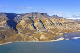 Aerial view over the mountains of Skansbukta in the outer Billefjorden, Billefjord, southeast of